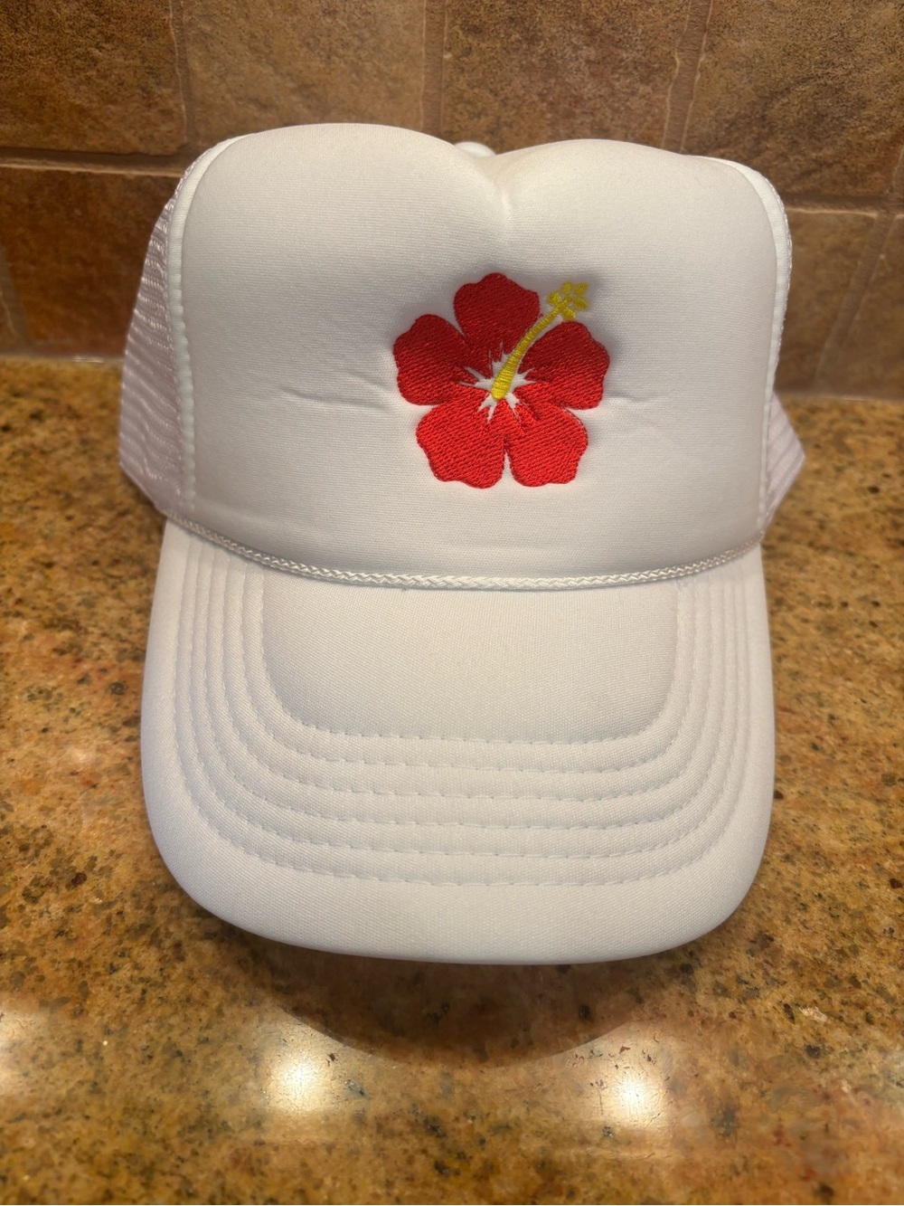 NWOT White Trucker Hat with Pink Hibiscus Embroidery